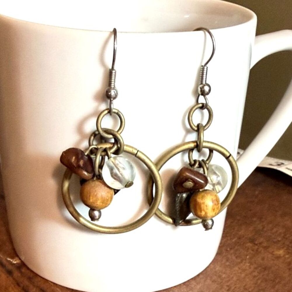 Boho Gold Brown Wood Stone Hoop Dangle Earrings Nature Inspired Earthy